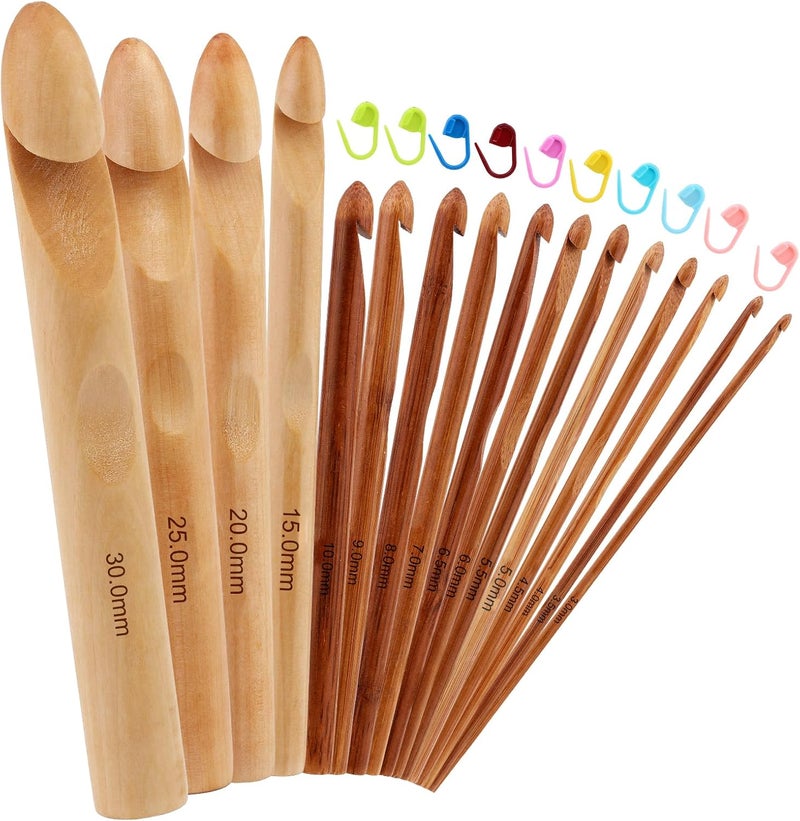 Dercuy 16 Pieces Wooden Crochet Hooks, 3 to 30 mm in Diameters Handle Crochet Hook Knitting Crochet Needles with 10 pcs Knitting Stitch Markers for Handcraft Crocheting - Image 1